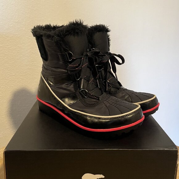 Sorel Tivoli Duck Snow Boot Women’s 8.5 Waterproof Winter Lace-Up- Black/HotPink - Picture 2 of 8